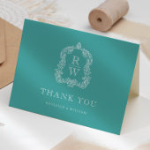 Elegante Monogram Crest Turquoise bruiloft Bedankkaart
