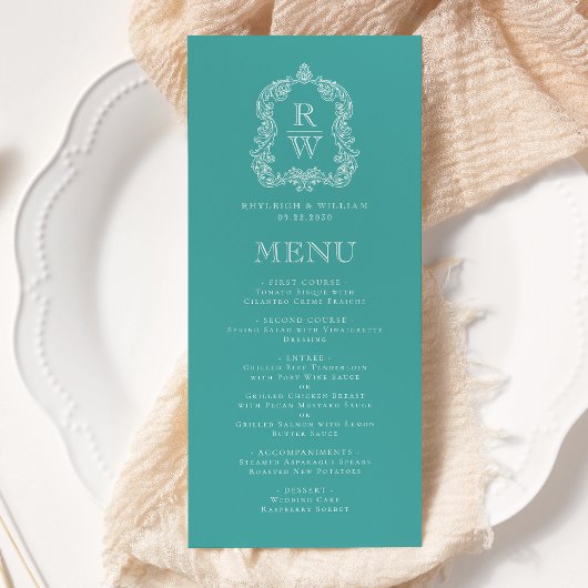 Elegante Monogram Crest Turquoise Witte Trouw Menu