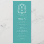 Elegante Monogram Crest Turquoise Witte Trouw Menu (Voorkant)