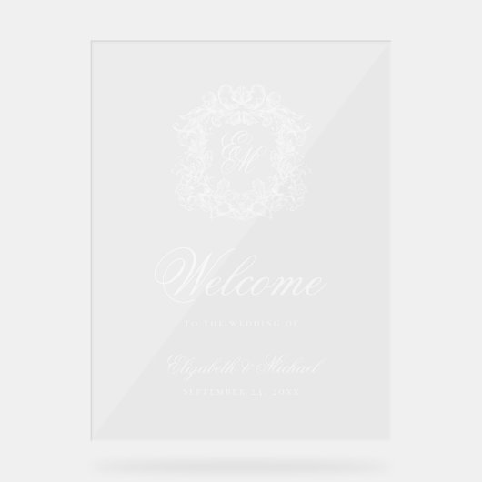 Elegante  Monogram Crest Wedding Welkom Acryl Bord (Voorkant)