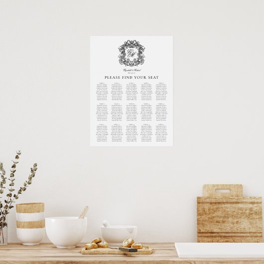 Elegante Monogram Crest Wedding Zittingkaart Poster (Keuken)