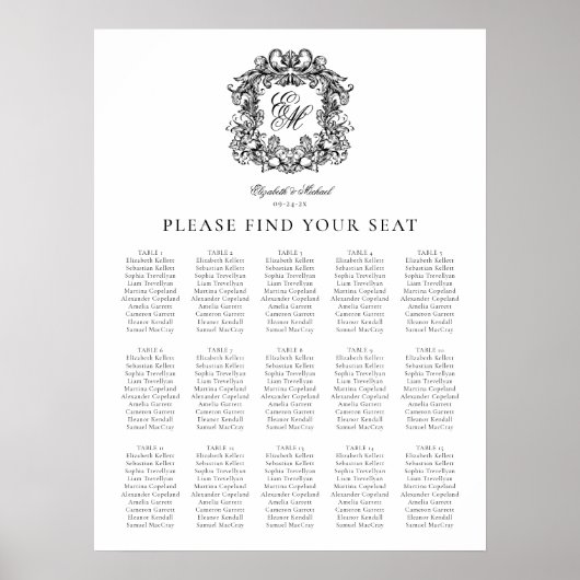 Elegante Monogram Crest Wedding Zittingkaart Poster (Voorkant)