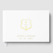 Elegante Monogram Crest Wit en Gouden Bruiloft Gastenboek (Voorkant)