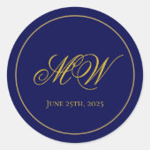 Elegante Monogram Donkerblauw en Goud Trouwdatum Ronde Sticker (Voorkant)