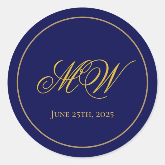 Elegante Monogram Donkerblauw en Goud Trouwdatum Ronde Sticker (Voorkant)
