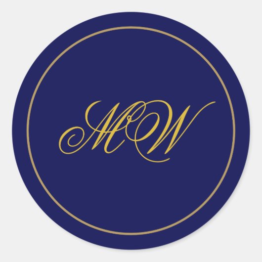 Elegante Monogram Donkerblauw en Gouden Huwelijk Ronde Sticker (Voorkant)