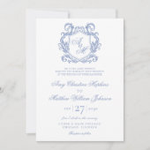 Elegante Monogram Dusty Blue Crest Wedding Kaart (Voorkant)