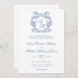 Elegante Monogram Dusty Blue Crest Wedding Kaart