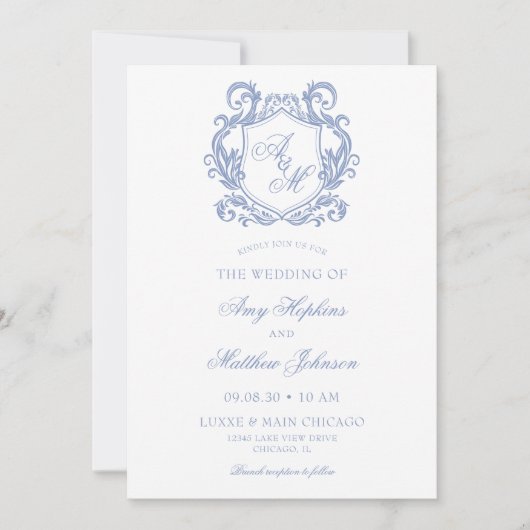 Elegante Monogram Dusty Blue Crest Wedding Kaart (Voorkant)