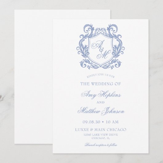 Elegante Monogram Dusty Blue Crest Wedding Kaart (Voorkant / Achterkant)