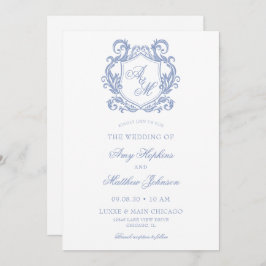 Elegante Monogram Dusty Blue Crest Wedding Kaart