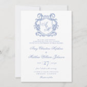 Elegante Monogram Dusty Blue Crest Wedding Kaart (Voorkant)