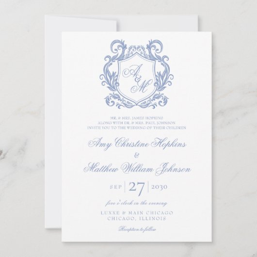 Elegante Monogram Dusty Blue Crest Wedding Kaart (Voorkant)