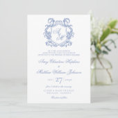 Elegante Monogram Dusty Blue Crest Wedding Kaart (Staand voorkant)