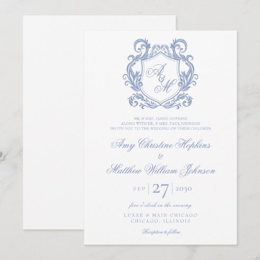 Elegante Monogram Dusty Blue Crest Wedding Kaart (Voorkant / Achterkant)