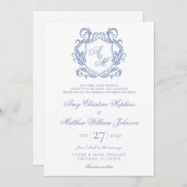 Elegante Monogram Dusty Blue Crest Wedding Kaart