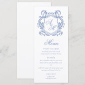 Elegante Monogram Dusty Blue Crest Wedding Menu (Voorkant / Achterkant)