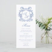 Elegante Monogram Dusty Blue Crest Wedding Menu (Staand voorkant)