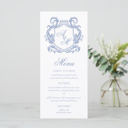 Elegante Monogram Dusty Blue Crest Wedding Menu (Staand voorkant)