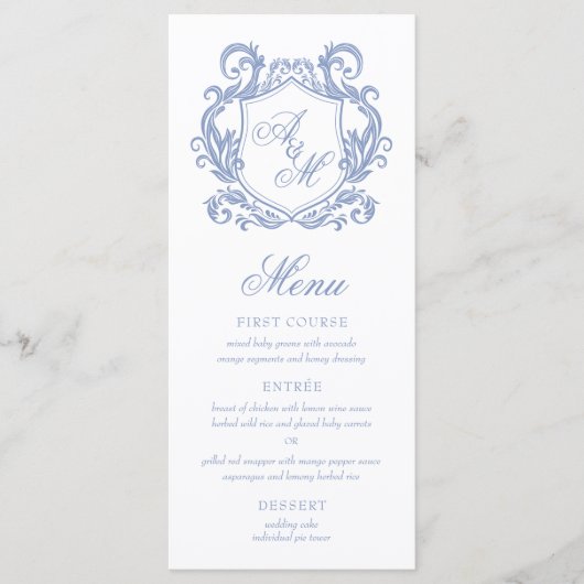 Elegante Monogram Dusty Blue Crest Wedding Menu (Voorkant)