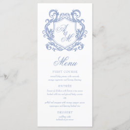 Elegante Monogram Dusty Blue Crest Wedding Menu