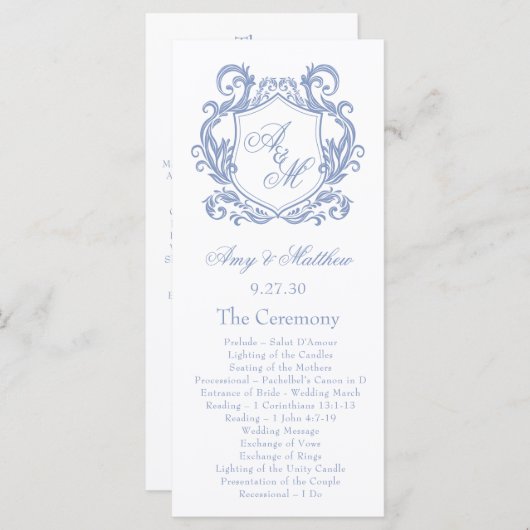Elegante Monogram Dusty Blue Crest Wedding Programmakaart (Voorkant / Achterkant)