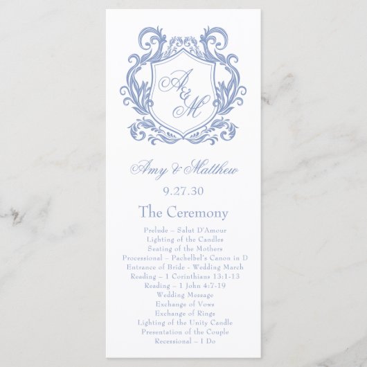 Elegante Monogram Dusty Blue Crest Wedding Programmakaart (Voorkant)