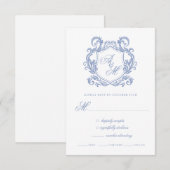 Elegante Monogram Dusty Blue Crest Wedding RSVP Kaartje (Voorkant / Achterkant)
