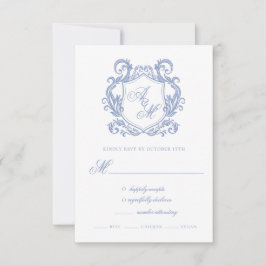 Elegante Monogram Dusty Blue Crest Wedding RSVP Kaartje