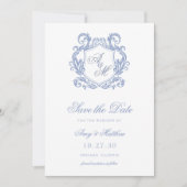 Elegante Monogram Dusty Blue Crest Wedding Save The Date (Voorkant)