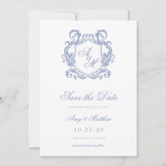 Elegante Monogram Dusty Blue Crest Wedding Save The Date (Voorkant)