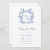 Elegante Monogram Dusty Blue Crest Wedding Save The Date (Voorkant / Achterkant)