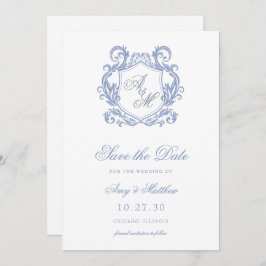 Elegante Monogram Dusty Blue Crest Wedding Save The Date