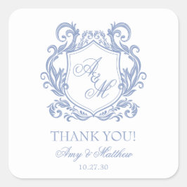Elegante Monogram Dusty Blue Crest Wedding Vierkante Sticker