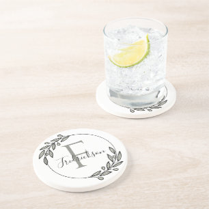 Elegante Monogram Eerste Krans Tafelbeschermer Zandsteen Onderzetter