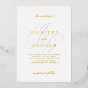 Elegante monogram eerste letters witte trouw goud folie uitnodiging