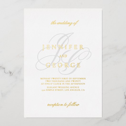 Elegante monogram eerste letters witte trouw goud folie uitnodiging (Voorkant)