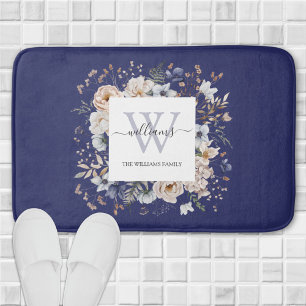 Elegante Monogram Elegante Beige Blauwe Bloemen Bl Badmat