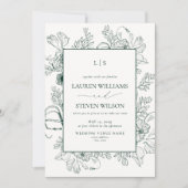 Elegante Monogram Emerald Green Floral Line Art Kaart (Voorkant)