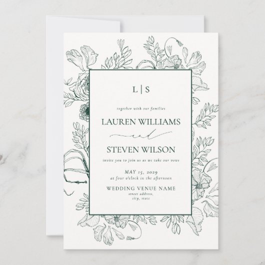 Elegante Monogram Emerald Green Floral Line Art Kaart (Voorkant)