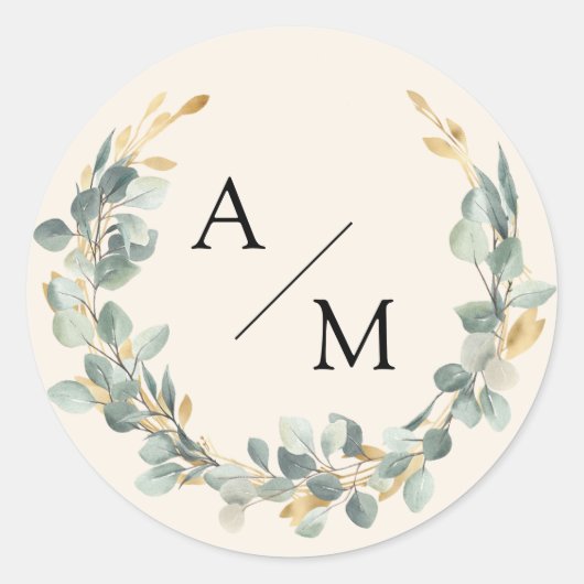 Elegante, monogram, eucalyptus krans ronde sticker (Voorkant)