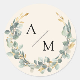 Elegante, monogram, eucalyptuskrans  ronde sticker