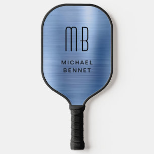 Elegante Monogram Faux Blau Geborsteld Metalen Pickleball Paddle