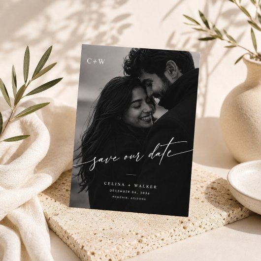 Elegante Monogram Foto Save The Date Kaart.