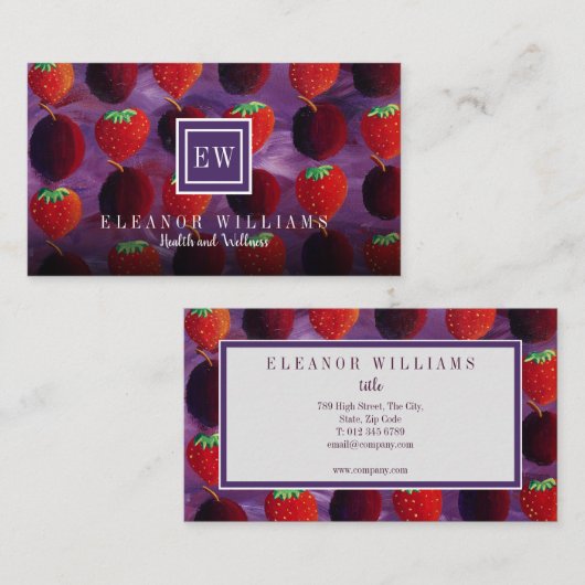 Elegante Monogram Fruit Aardbeien Pruimen Visitekaartje (Voorkant / Achterkant)