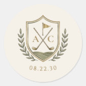 Elegante Monogram Golf Crest Huwelijk Ronde Sticker (Voorkant)