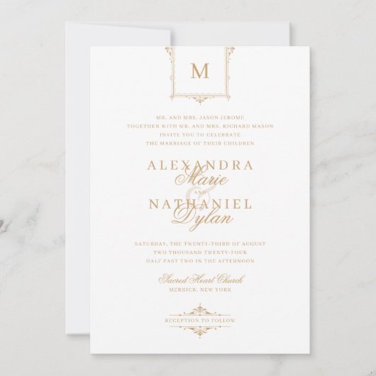 Elegante  Monogram Goud en Witte Bruiloft Kaart (Voorkant)
