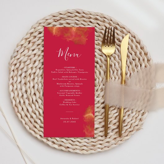 Elegante Monogram Goud Rood Roze Magenta Bruiloft Menu