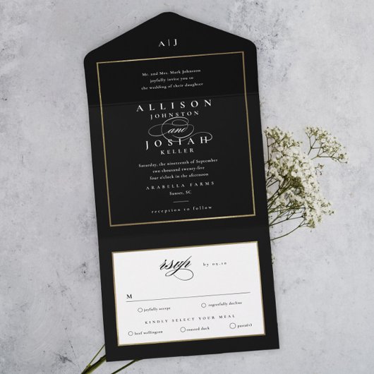 Elegante Monogram Gouden Bruiloft All In One Uitnodiging