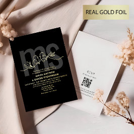 Elegante Monogram Gouden en Zwarte Trouw Folie Uitnodiging